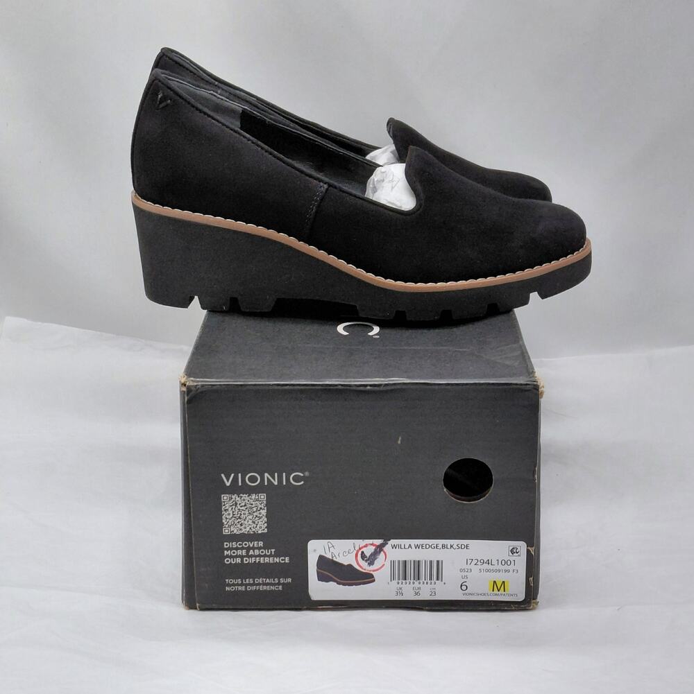 Vionic Womens Wedge Loafers Size 6 Black Comfort Walking Platform Slip On Shoes